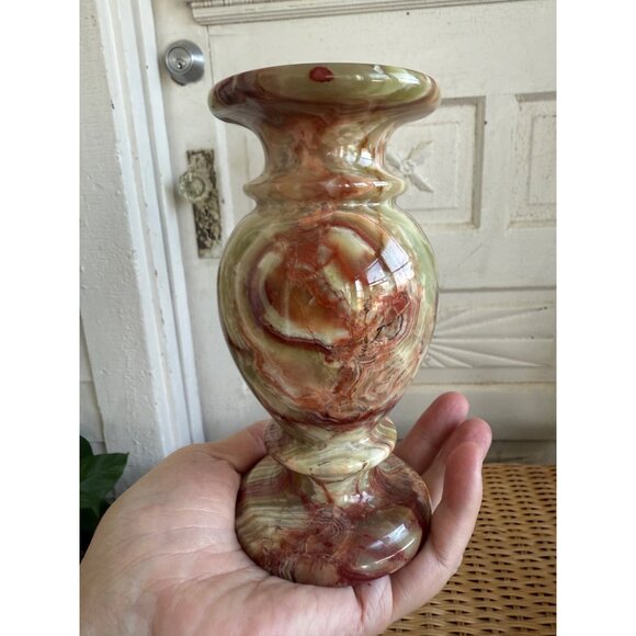 Vintage 70's Green & Brown Banded Onyx Agate Vase 6" Heavy Boho - Picture 2 of 8